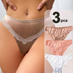 3-Pack Elegant High-Waist Panties for Women, Sexy Seamless Solid Color Knit Fabric Underwear with Contrast Lace Detail, Comfortable Soft Polyamide 86% Elastane 14%