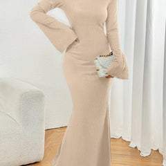 Elegant All-Season Knit Dress: Scallop Detail, Mermaid Hem, Comfortable Fit with Chic Flare Sleeves