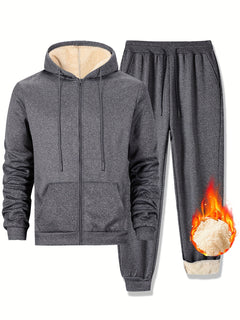 Men's Fleece-Lined Hoodie & Joggers Set - Casual, Warm Outdoor Sportswear with Zip-Up Jacket and Drawstring Pants