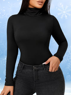 Long Sleeve Plush Lined Turtleneck Shaping Bodysuit, Tummy Control Slimmer Women's Underwear & Shapewear