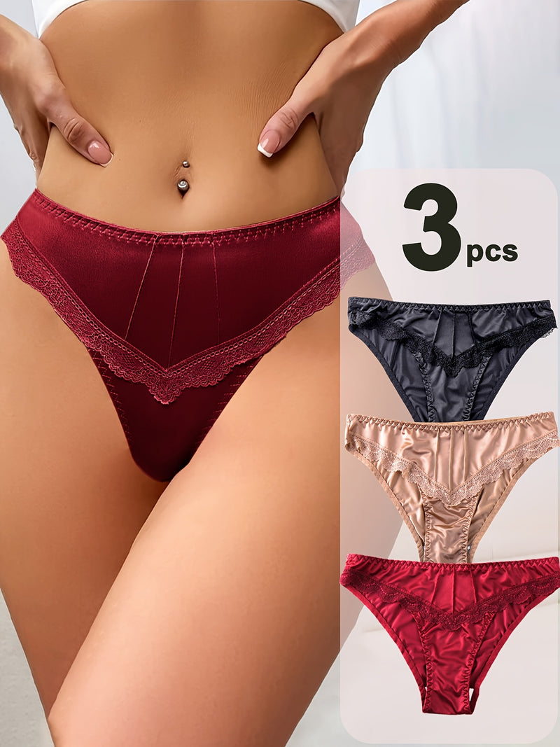 3-Pack Elegant High-Waist Panties for Women, Sexy Seamless Solid Color Knit Fabric Underwear with Contrast Lace Detail, Comfortable Soft Polyamide 86% Elastane 14%