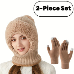 2pcs Women's Fleece Warm Hat and Glove Set, Knitted Fleece Hat with Fur Ball, Touch Screen Gloves, Winter Accessories, Suitable for Winter Outdoor