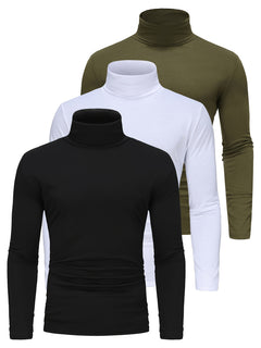 3-Pack Men'S High Neck Long Sleeve T-Shirts - Solid Color Stretch Knit Polyester Base Layer Shirts for Fall/Winter Warmth