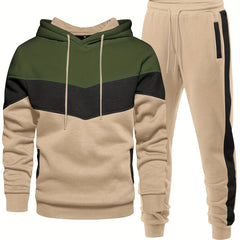 2pcs Comfy Breathable Men's Color Blocking Long Sleeve Hoodie + Sweatpants Slim Co-ord Fitness Set for Training Sports