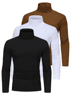 3-Pack Men'S High Neck Long Sleeve T-Shirts - Solid Color Stretch Knit Polyester Base Layer Shirts for Fall/Winter Warmth