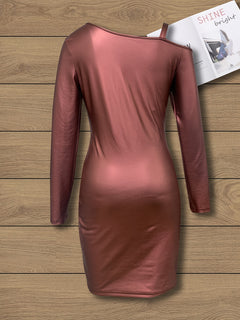 Faux Leather Cold Shoulder Bodycon Dress, Casual Long Sleeve Solid Mini Dress