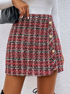 1pc Elegant French-Inspired Women'S Chic Plaid Polyester Skirt with Button Details, Woven Short Length A-Line Fit with Slit, All-Season Fashion Commuter Skirt