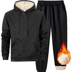 Men's Fleece-Lined Hoodie & Joggers Set - Casual, Warm Outdoor Sportswear with Zip-Up Jacket and Drawstring Pants