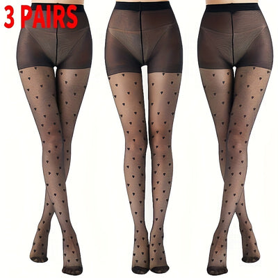 3 Pairs Women's Heart Pattern Tights, High Waist Sheer Pantyhose With Reinforced Toes, Stretch Black Fashion Stockings