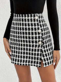 Elegant Women's Plaid Skirt with Button Detail - High Waist, Non-Stretch Polyester, Machine Washable - Perfect for Fall/Winter, Elegant Style, Autumn/Winter