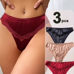 3-Pack Elegant High-Waist Panties for Women, Sexy Seamless Solid Color Knit Fabric Underwear with Contrast Lace Detail, Comfortable Soft Polyamide 86% Elastane 14%