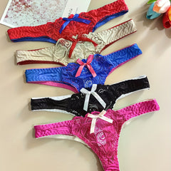 5pcs Sexy Lace Thongs for Women - Low Rise, Hollow-Out Design with Bow Detail, Breathable Nylon Blend