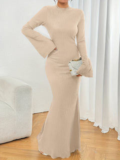 Elegant All-Season Knit Dress: Scallop Detail, Mermaid Hem, Comfortable Fit with Chic Flare Sleeves