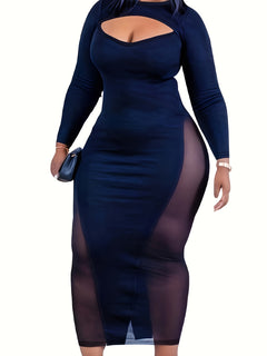 Plus Size Solid Crew Neck Dress, Casual Long Sleeve Cut Out Bodycon Dress