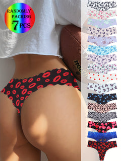 Random 7pcs of printed Women's invisible underwear seamless Women's underwear soft and comfortable one-piece cute butterfly love red lips pattern underwear