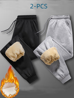 2pcs Men's Fleece-Lined Joggers - Windproof, Casual & Versatile Sweatpants with Pockets for Fall/Winter