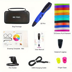 3D Printing Pen Kit with Adjustable Temperature and Speed, USB Powered, Anti-Scald Silicone Cover, for Ages 14+, Includes 12 PLA Filament Refills & Stencil Guide - Electronic Components Included