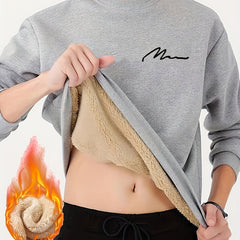 Men's Casual Crew Neck Fleece-Lined Sweatshirt with Letter Print, 100% Polyester, Long Sleeve, Slight Stretch, Pullover for Fall/Winter - Knit Fabric Leisurewear