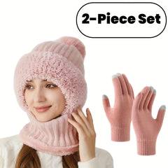 2pcs Women's Fleece Warm Hat and Glove Set, Knitted Fleece Hat with Fur Ball, Touch Screen Gloves, Winter Accessories, Suitable for Winter Outdoor