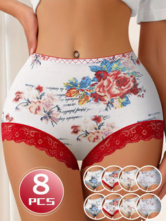 QUASTI 8-Piece Elegant Floral Print Cotton Briefs Set for Women - Mid-Rise, Lace Trimmed, Knit Fabric, Soft Breathable Underwear Collection