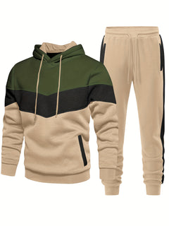 2pcs Comfy Breathable Men's Color Blocking Long Sleeve Hoodie + Sweatpants Slim Co-ord Fitness Set for Training Sports