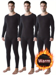 3-Pack Men'S Winter Warm Thermal Underwear, Crew Neck Solid Color Knit Polyester 95% Elastane 5% Base Layer, Regular Fit, Thick