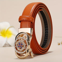 Ladies Leather Belt Leather Automatic Button Leather Fashion Korean Version Of The New Green Jeans Belt With White Decoration