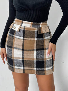 Women's Plaid Pencil Skirt, Elegant Polyester (PET) Fabric, Button Detail, Woven, Fashionable Half-Skirt for All Seasons