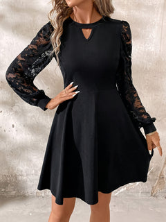 Lace Patchwork Lantern Sleeve Dress, Elegant Cut Out Crew Neck A-Line Flared Mini Dress For Spring & Fall, Women's Clothing