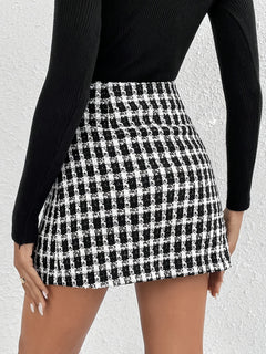 Plaid Pattern Button Front Mini Skirt, Elegant Slit Hem High Waist Bodycon Skirt For Spring & Fall, Women's Clothing