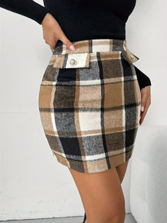 Women's Plaid Pencil Skirt, Elegant Polyester (PET) Fabric, Button Detail, Woven, Fashionable Half-Skirt for All Seasons