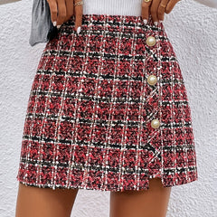 1pc Elegant French-Inspired Women'S Chic Plaid Polyester Skirt with Button Details, Woven Short Length A-Line Fit with Slit, All-Season Fashion Commuter Skirt