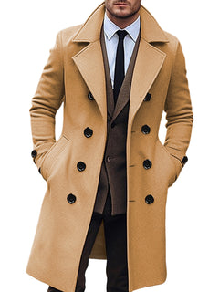 1pc Men's Casual Solid Color Tweed Pea Coat - Long Sleeve, Double Breasted, Polyester Knit Fabric, Lapel Collar, Button Closure, Non-Waterproof, Sports Style, Midi Length, Fall/Winter Outerwear