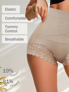 4-Pack QUASTI High-Waisted Shaping Shorts for Women - Elegant Polyamide Knit Fabric with Contrast Lace Detail, High Support, Strong Abdominal Control, Buttocks Lift, and Comfort Fit