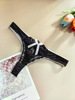 5pcs Sexy Lace Thongs for Women - Low Rise, Hollow-Out Design with Bow Detail, Breathable Nylon Blend