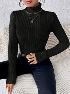 Women's 3pcs Ribbed Turtleneck Long Sleeve Tops - Casual, Stretchy Polyester Blend, Machine Washable - Perfect for Spring & Fall