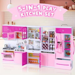 5pcs Pink Kitchen Pretend Play Set with Dishwasher, Oven, Refrigerator, and More, Features Lights and Sounds