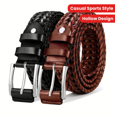 2-Pack Men's Vintage Genuine Leather Woven Belts with Alloy Square Buckle, Casual Sports Style, Hollow Design, Ideal for Jeans and Pants - Gift Suitable