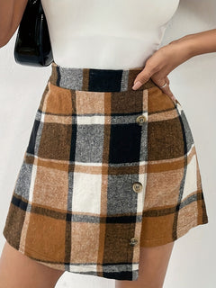 Elegant Women'S Plaid Mini Skirt, 100% Polyester Woven Fabric, with Elastic Back Design and Button Detail, for Fall/Winter