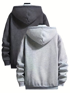 2pcs Unisex Casual Hooded Sweatshirts, Polyester Knit Fabric, Solid Color Pullover Hoodies, with Fleece Lining and Kangaroo Pocket, for Fall/Winter