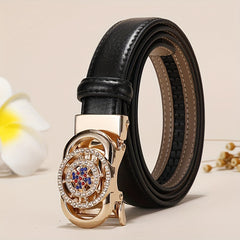 Ladies Leather Belt Leather Automatic Button Leather Fashion Korean Version Of The New Green Jeans Belt With White Decoration