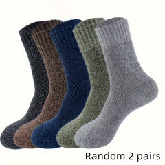 5 Pairs Men's Winter Thickened Fleece Warm Crew Socks, Polyester and Spandex Knit Fabric, Solid Color, Breathable Moisture-Wicking, Non-Binding Elastic Tube Socks