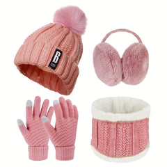 4pcs Winter Accessories Set for Women - Polyester Knitted Beanie Hat with Pompom, Ear Warmers, Touch Screen Gloves, and Scarf - Skiing and Outdoor Sports Warm Set