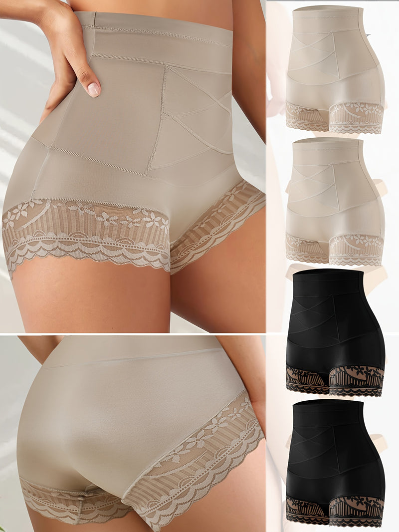 4-Pack QUASTI High-Waisted Shaping Shorts for Women - Elegant Polyamide Knit Fabric with Contrast Lace Detail, High Support, Strong Abdominal Control, Buttocks Lift, and Comfort Fit