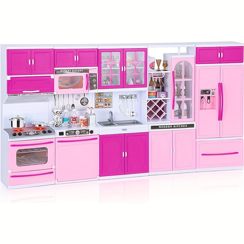 5pcs Pink Kitchen Pretend Play Set with Dishwasher, Oven, Refrigerator, and More, Features Lights and Sounds