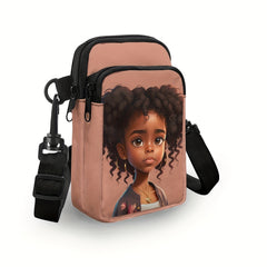 1pc Stylish African Girl Printing Chic Double Layers Crossbody Bag Small Phone Holder Lightweight Adjustable Strap Zipper