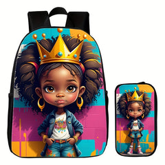 2pcs 3D Printed African Girl Pencil Case Backpack Set, Student School Bag, Girl Shoulder Bag Backpack Pencil Case Two-piece Set