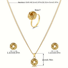 1 Pair Stud Earrings + 1 Pc Necklace + 1 Pc Ring - Elegant Twisted Knot Design Jewelry Set for Women