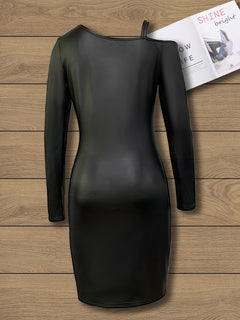 Faux Leather Cold Shoulder Bodycon Dress, Casual Long Sleeve Solid Mini Dress