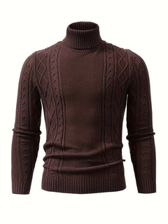 Soft Viscose Blend Men's Long Sleeve Turtleneck Sweater, Regular Fit Solid Color High Collar Knitwear with Ribbed Knit Pattern Design